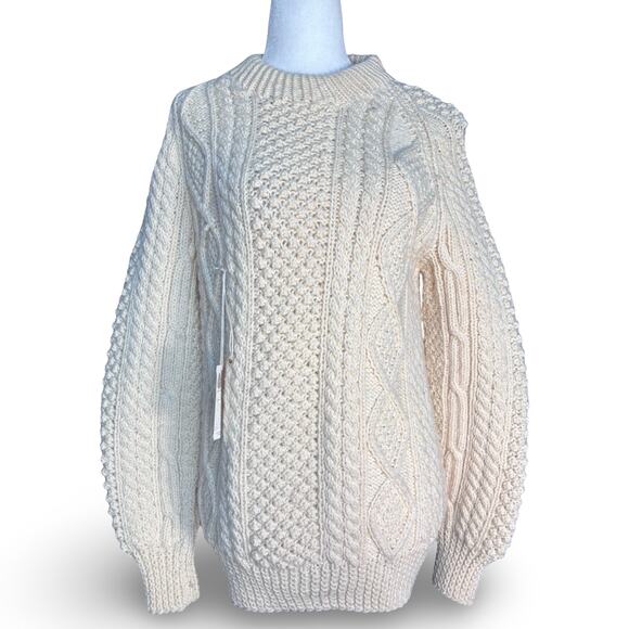 American Vintage Handknit Irish Fisherman Sweater Wool Aran Cable Cream Large - Picture 2 of 14